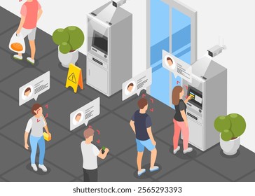 Atm security isometric concept. Face recognition and personal security in public space. Banking system, people queue for cash withdrawal flawless vector scene