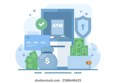 ATM security and protection concept. ATM machine. Security in using ATM machines. Technology and finance. ATM machine for transactions and money storage. Flat vector illustration on background.