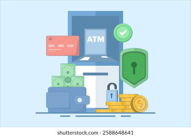 ATM security and protection concept. ATM machine. Security in using ATM machines. Technology and finance. ATM machine for transactions and money storage. Flat vector illustration on background.
