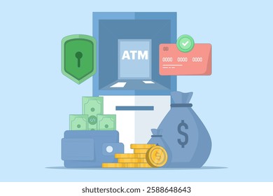 ATM security and protection concept. ATM machine. Security in using ATM machines. Technology and finance. ATM machine for transactions and money storage. Flat vector illustration on background.