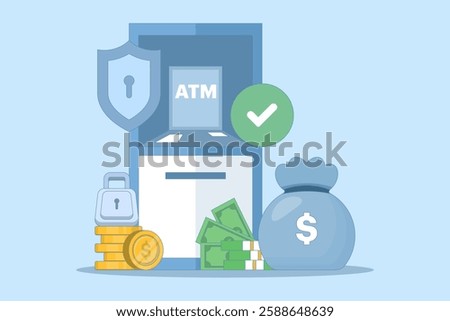 ATM security and protection concept. ATM machine. Security in using ATM machines. Technology and finance. ATM machine for transactions and money storage. Flat vector illustration on background.