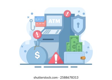 ATM security warning and protection concept. ATM or ATM machine. prevention of money theft at ATM machines. technology and finance. flat vector illustration on background.