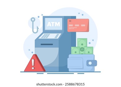 ATM security warning and protection concept. ATM or ATM machine. prevention of money theft at ATM machines. technology and finance. flat vector illustration on background.