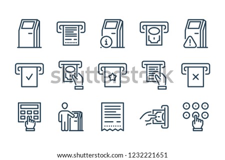 ATM, Self-service Terminal and Kiosk related line icon set. Interactive stand and Payment Terminal line vector icons.