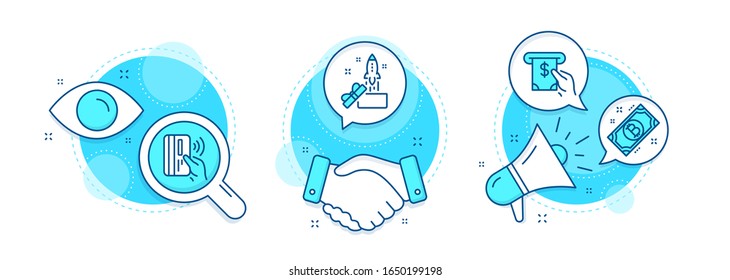 Atm service, Bitcoin and Innovation line icons set. Handshake deal, research and promotion complex icons. Contactless payment sign. Cash investment, Cryptocurrency coin, Crowdfunding. Vector