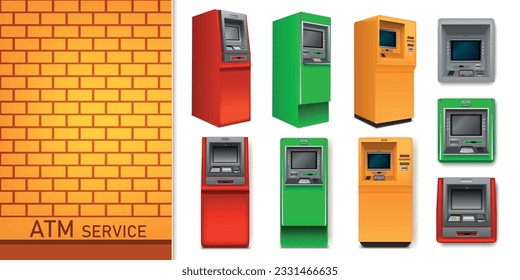 ATM-Service-Komposition mit Maschinen verschiedener Farben einzeln auf weißem Hintergrund, Vektorgrafik