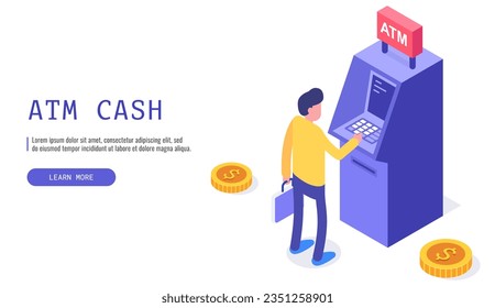 ATM service concept. A male customer standing by an ATM machine. Isometric vector web banner.