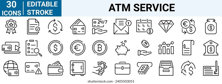 ATM Service line web icons, Mobile banking. Piggy Bank, Cash, Credit Cards, Money Bag, Currency Exchange, Coins and Paper Bills and others. Editable stroke.