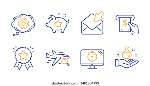 Atm service, Seo timer and Open mail line icons set. Search flight, Loyalty points and Ranking star signs. Cogwheel, Chemistry lab symbols. Cash investment, Analytics. Technology set. Vector