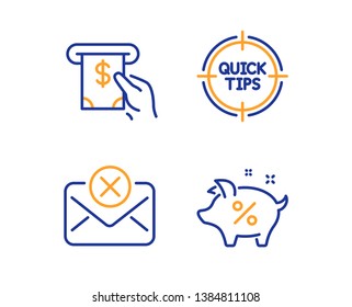 Atm service, Tips and Reject mail icons simple set. Loan percent sign. Cash investment, Quick tricks, Delete letter. Piggy bank. Technology set. Linear atm service icon. Colorful design set. Vector