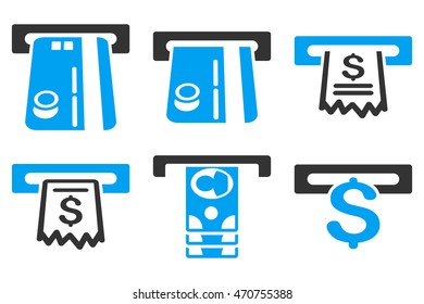 ATM Slot vector icons. Pictogram style is bicolor blue and gray flat icons with rounded angles on a white background.