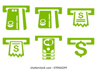 ATM Slot vector icons. Pictogram style is eco green flat icons with rounded angles on a white background.