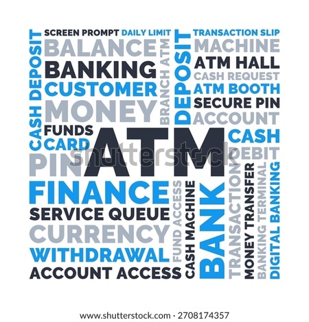 ATM Square Word Cloud, Banking Financial machine and service transaction terms