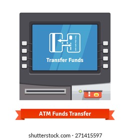 ATM teller machine with current operation icon on the screen. Transfer funds depicted as two exchanging credit cards pictogram. Flat style vector illustration.