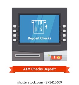 ATM teller machine with current operation icon on the screen. Bank check placed to a slot pictogram. Flat style vector illustration.