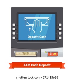 ATM teller machine with current operation icon on the screen and dollar banknotes inserted to a slot. Hand placing banknote pictogram. Flat style vector illustration.