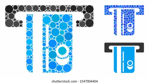 ATM terminal composition of circle elements in variable sizes and color tints, based on ATM terminal icon. Vector circle elements are organized into blue composition.