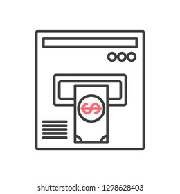 Atm terminal flat line icon. Cash machine gives money, automated teller machine.