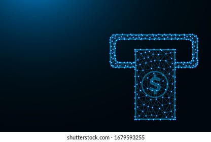 ATM or terminal made from points and lines on dark blue background, cash withdrawal wireframe mesh polygonal vector illustration