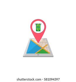 ATM terminal map pointer flat icon, mobile gps navigation and location, pin on tablet vector graphics, a colorful solid pattern on a white background, eps 10.
