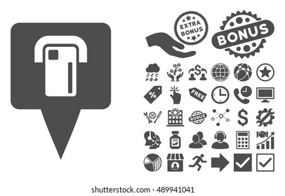 ATM Terminal Map Pointer icon with bonus design elements. Vector illustration style is flat iconic symbols, gray color, white background.