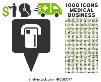 ATM Terminal Map Pointer icon with 1000 medical commerce eco green and gray vector design elements. Clipart style is flat bicolor symbols, white background.