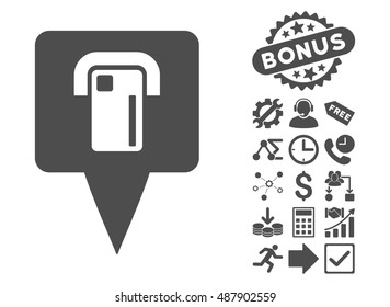 Atm Terminal Map Pointer pictograph with bonus images. Vector illustration style is flat iconic symbols, gray color, white background.