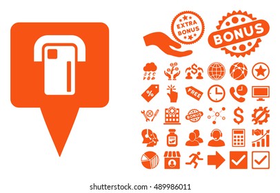 ATM Terminal Map Pointer pictograph with bonus icon set. Vector illustration style is flat iconic symbols, orange color, white background.