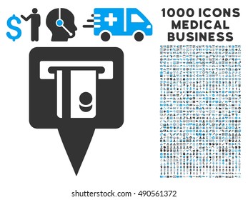 ATM Terminal Marker icon with 1000 medical business gray and blue vector design elements. Design style is flat bicolor symbols, white background.