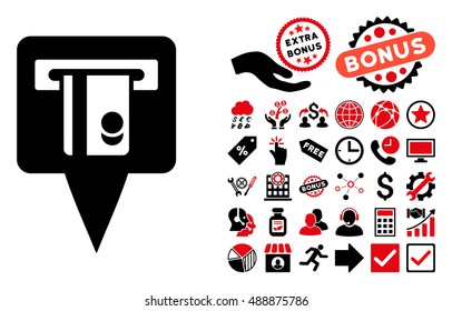 ATM Terminal Marker pictograph with bonus images. Vector illustration style is flat iconic bicolor symbols, intensive red and black colors, white background.