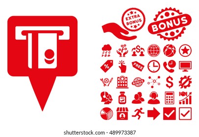ATM Terminal Marker pictograph with bonus images. Vector illustration style is flat iconic symbols, red color, white background.