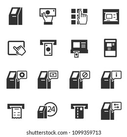 Atm terminal, monochrome icons set. automated teller machine, simple symbols collection. payment and receipt of money