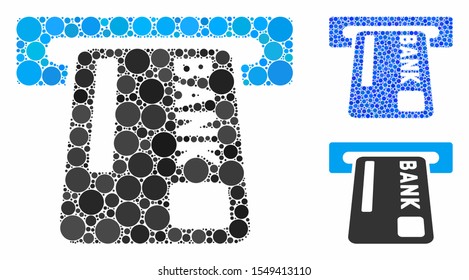 ATM terminal mosaic of small circles in variable sizes and shades, based on ATM terminal icon. Vector filled circles are organized into blue illustration.