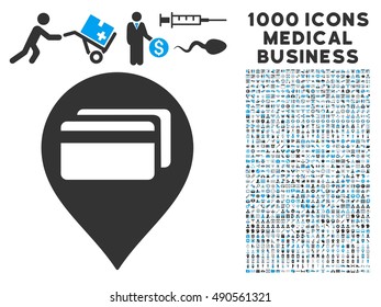 ATM Terminal Pointer icon with 1000 medical commercial gray and blue vector design elements. Set style is flat bicolor symbols, white background.