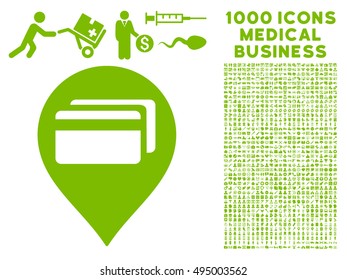 ATM Terminal Pointer icon with 1000 medical commerce eco green vector pictograms. Collection style is flat symbols, white background.