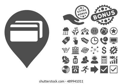 ATM Terminal Pointer icon with bonus design elements. Vector illustration style is flat iconic symbols, gray color, white background.