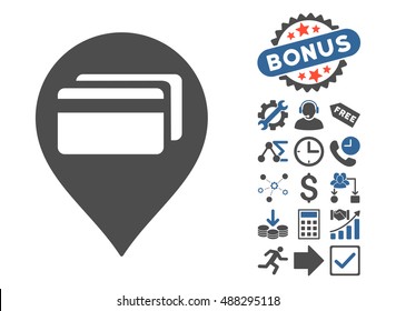 ATM Terminal Pointer pictograph with bonus images. Vector illustration style is flat iconic bicolor symbols, cobalt and gray colors, white background.