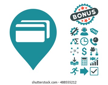 ATM Terminal Pointer pictograph with bonus design elements. Vector illustration style is flat iconic bicolor symbols, soft blue colors, white background.