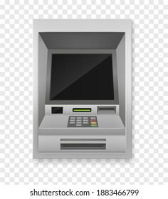 Atm terminal. Realistic payment machine front view, automated teller for finance service, banking electronic financial equipment, black empty screen, metallic case, 3d vector isolated illustration