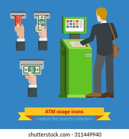 ATM terminal usage bank credit card money banknote icons. Payment options banking finance money flat 3d web isometric infographic vector. Creative people collection.