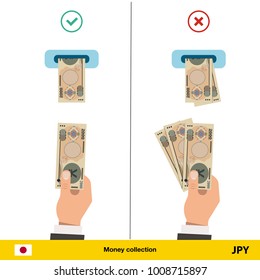 ATM terminal usage concept. Hand pushing money in to the atm machine slot. Flat design. Yen banknote vector illustration.