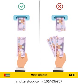 ATM terminal usage concept. Hand pushing money in to the atm machine slot. Flat design. Dirham banknote vector illustration.