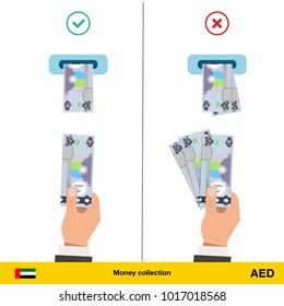 ATM terminal usage concept. Hand pushing money in to the atm machine slot. Flat design. Dirham banknote vector illustration.