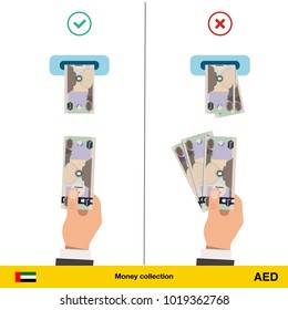 ATM terminal usage concept. Hand pushing money in to the atm machine slot. Flat design. Dirham banknote vector illustration.