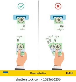 ATM terminal usage concept. Hand pushing money in to the atm machine slot. Flat design.  hryvnia banknote vector illustration.