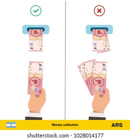 ATM terminal usage concept. Hand pushing money in to the atm machine slot. Flat design. Peso banknote vector illustration.