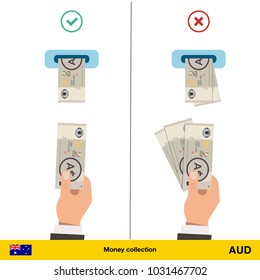 ATM terminal usage concept. Hand pushing money in to the atm machine slot. Flat design. Australian dollar banknote vector illustration.