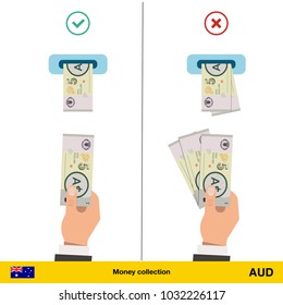 ATM terminal usage concept. Hand pushing money in to the atm machine slot. Flat design. Australian dollar banknote vector illustration.