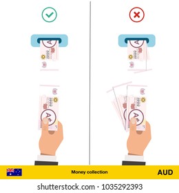 ATM terminal usage concept. Hand pushing money in to the atm machine slot. Flat design. Australian dollar banknote vector illustration.