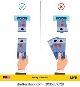 ATM terminal usage concept. Hand pushing money in to the atm machine slot. Flat design. Ringgit banknote vector illustration.